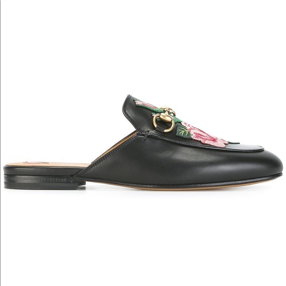 GUCCI Cotton Flower Patch Leather Loafer/Mule/Slipper